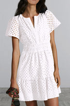 PRETTYGARDEN Women Summer Short Dress V Neck Short Sleeve A Line Hollow Out Lace Ruffle Cute Casual Beach Party Dresses