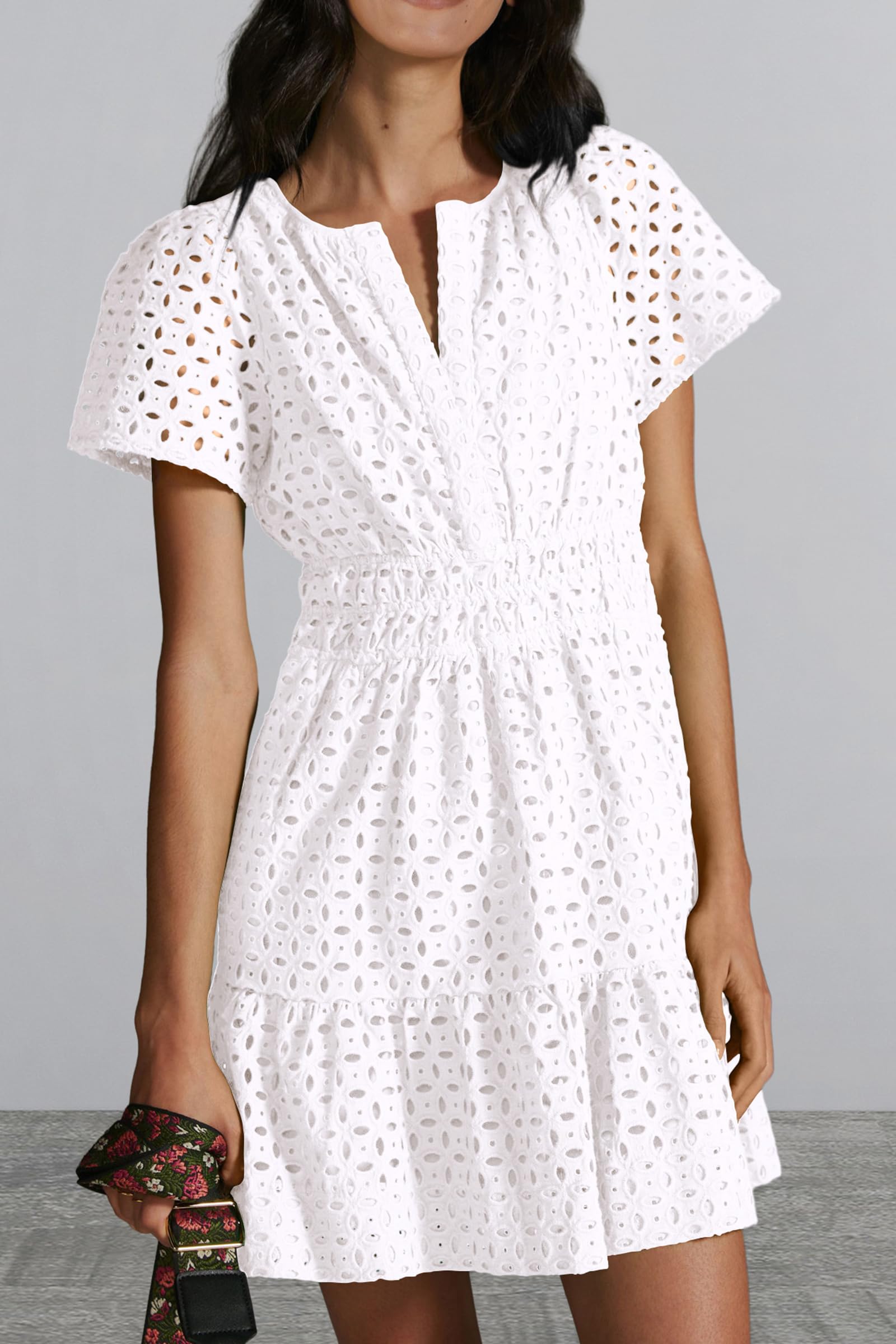 PRETTYGARDEN Women Summer Short Dress V Neck Short Sleeve A Line Hollow Out Lace Ruffle Cute Casual Beach Party Dresses