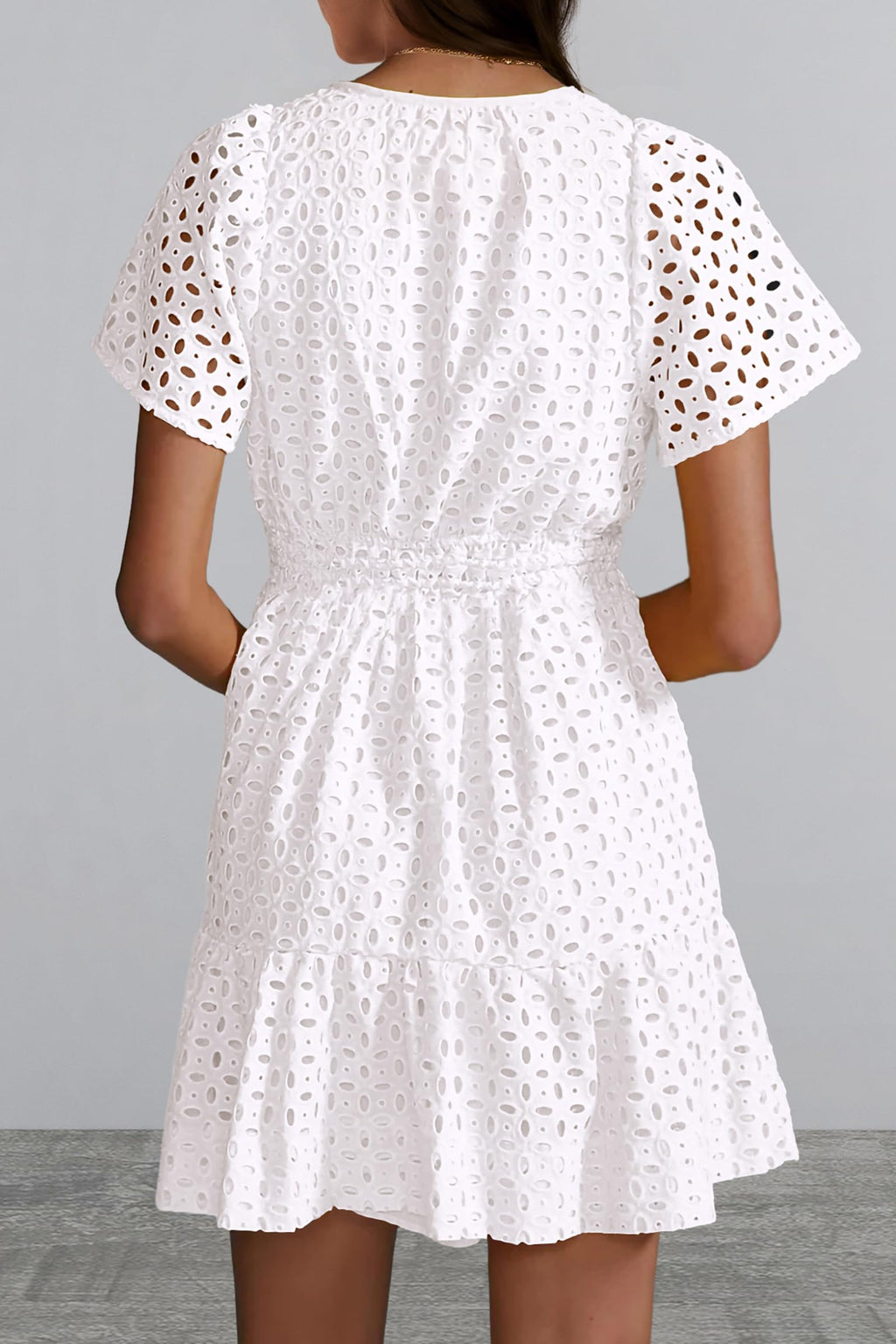 PRETTYGARDEN Women Summer Short Dress V Neck Short Sleeve A Line Hollow Out Lace Ruffle Cute Casual Beach Party Dresses