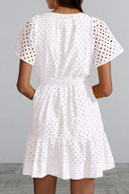 PRETTYGARDEN Women Summer Short Dress V Neck Short Sleeve A Line Hollow Out Lace Ruffle Cute Casual Beach Party Dresses