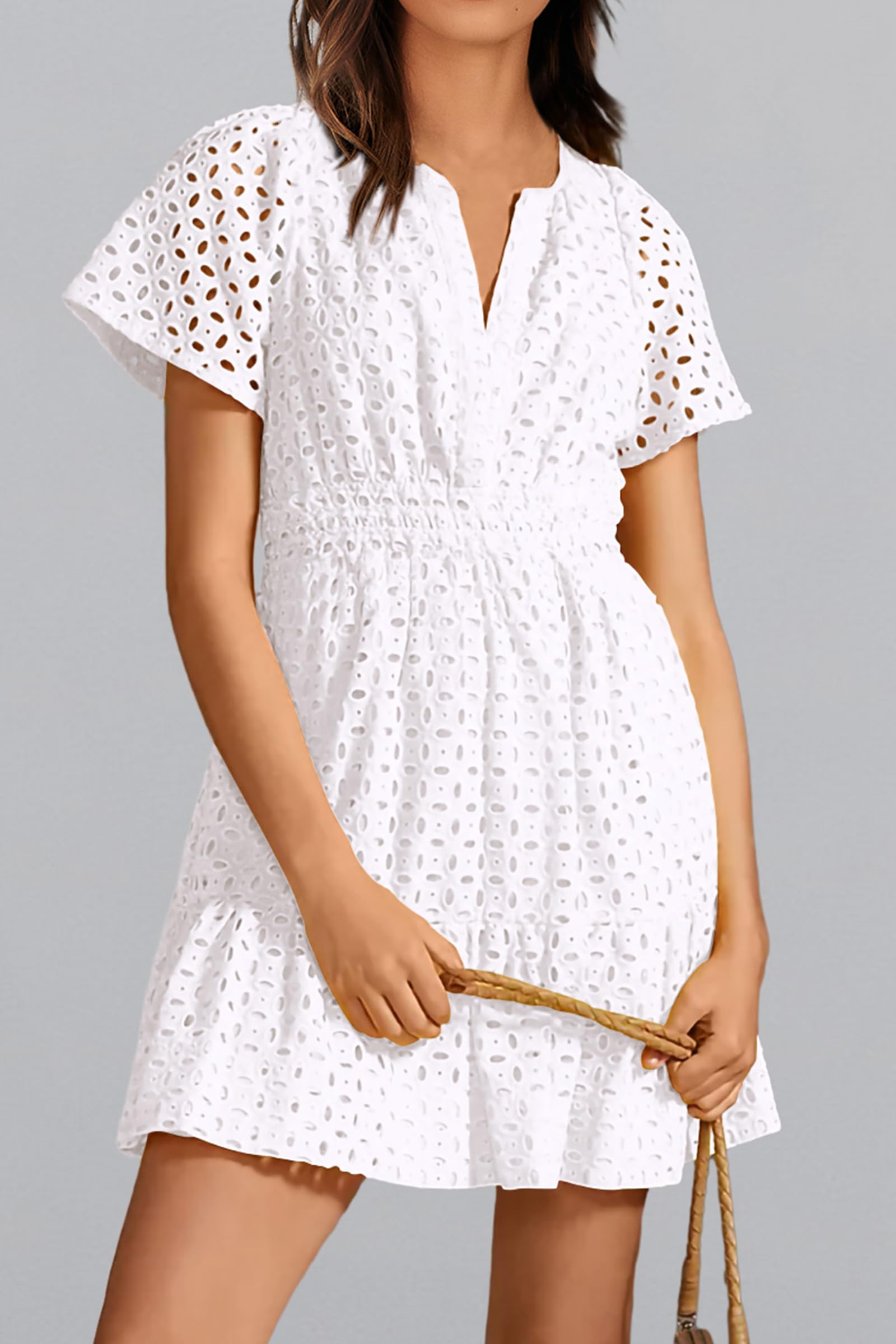 PRETTYGARDEN Women Summer Short Dress V Neck Short Sleeve A Line Hollow Out Lace Ruffle Cute Casual Beach Party Dresses