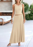 PRETTYGARDEN 2 Piece Maxi Skirt Sets Casual Knit Cropped Tank Top High Waisted Long Skirts Outfit