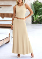 PRETTYGARDEN 2 Piece Maxi Skirt Sets Casual Knit Cropped Tank Top High Waisted Long Skirts Outfit