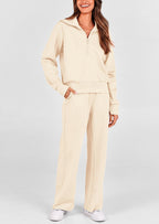PRETTYGARDEN Women's 2 Piece Outfits Casual Lapel Half Zip Sweatshirts And Wide Leg Pants Tracksuit Sets