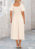 PRETTYGARDEN Summer Dress for Women Casual Short Sleeve Bow Tie V Neck Ruffle Midi Flowy Dresses