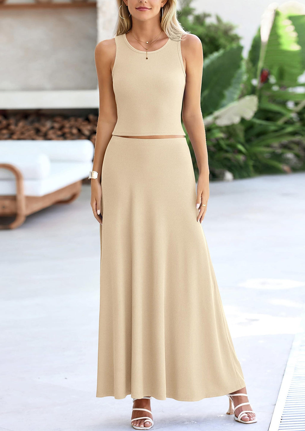 PRETTYGARDEN 2 Piece Maxi Skirt Sets Casual Knit Cropped Tank Top High Waisted Long Skirts Outfit
