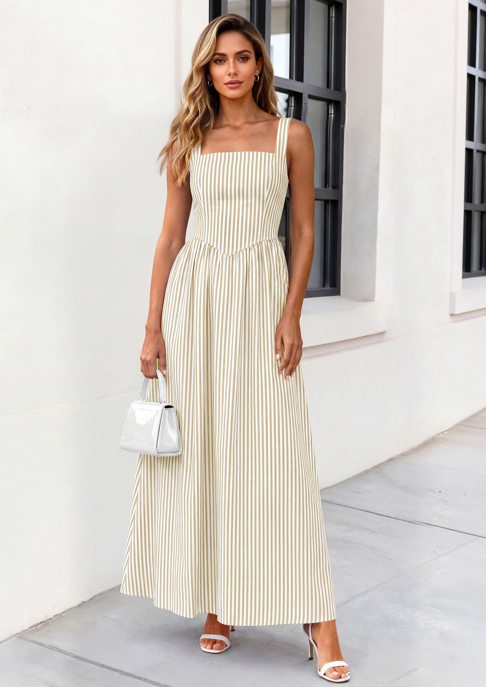 PRETTYGARDEN Women's Maxi Striped Dress Summer Sleeveless Square Neck Smocked A Line Long Flowy Spring Vacation Sundress