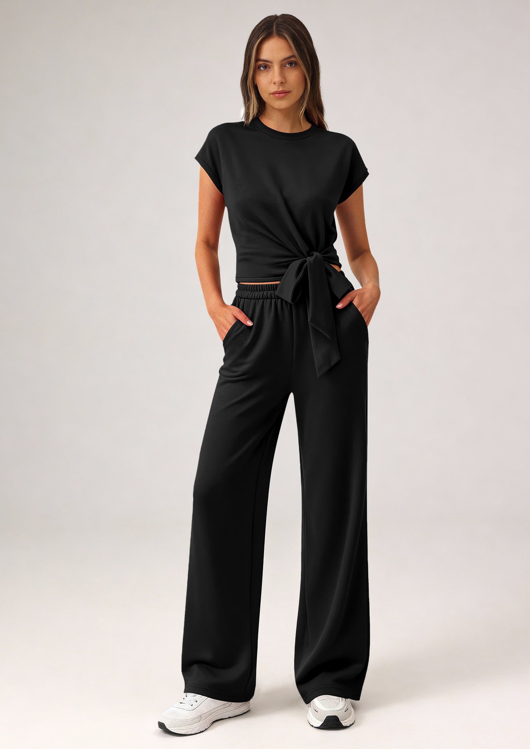 PRETTYGARDEN 2 Piece Matching Lounge Sets For Women Summer Short Sleeve Tie Front Crop Tops Casual Wide Leg Pants Tracksuit