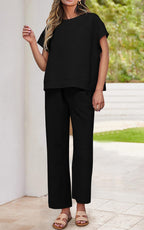 PRETTYGARDEN 2 Piece Outfits For Women Casual Tracksuit Short Sleeve Tops And Wide Leg Long Pants Matching Lounge Sets