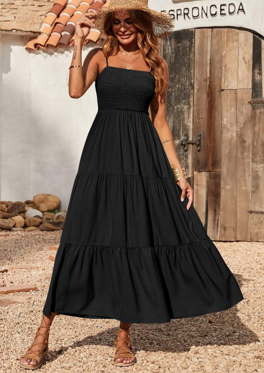 PRETTYGARDEN Women's Summer Maxi Dress Casual Boho Sleeveless Spaghetti Strap Smocked Tiered Long Beach Sundresses