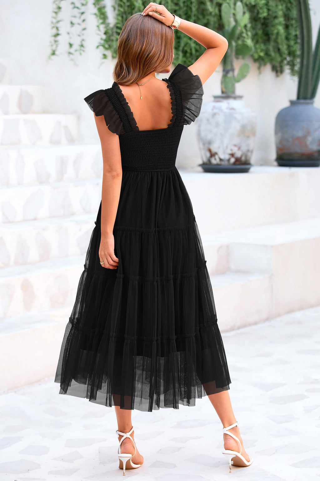 PRETTYGARDEN Women's Tulle Midi Dress Sleeveless Smocked Ruffle Mesh Flowy Dresses Party Wedding Guest Sundress