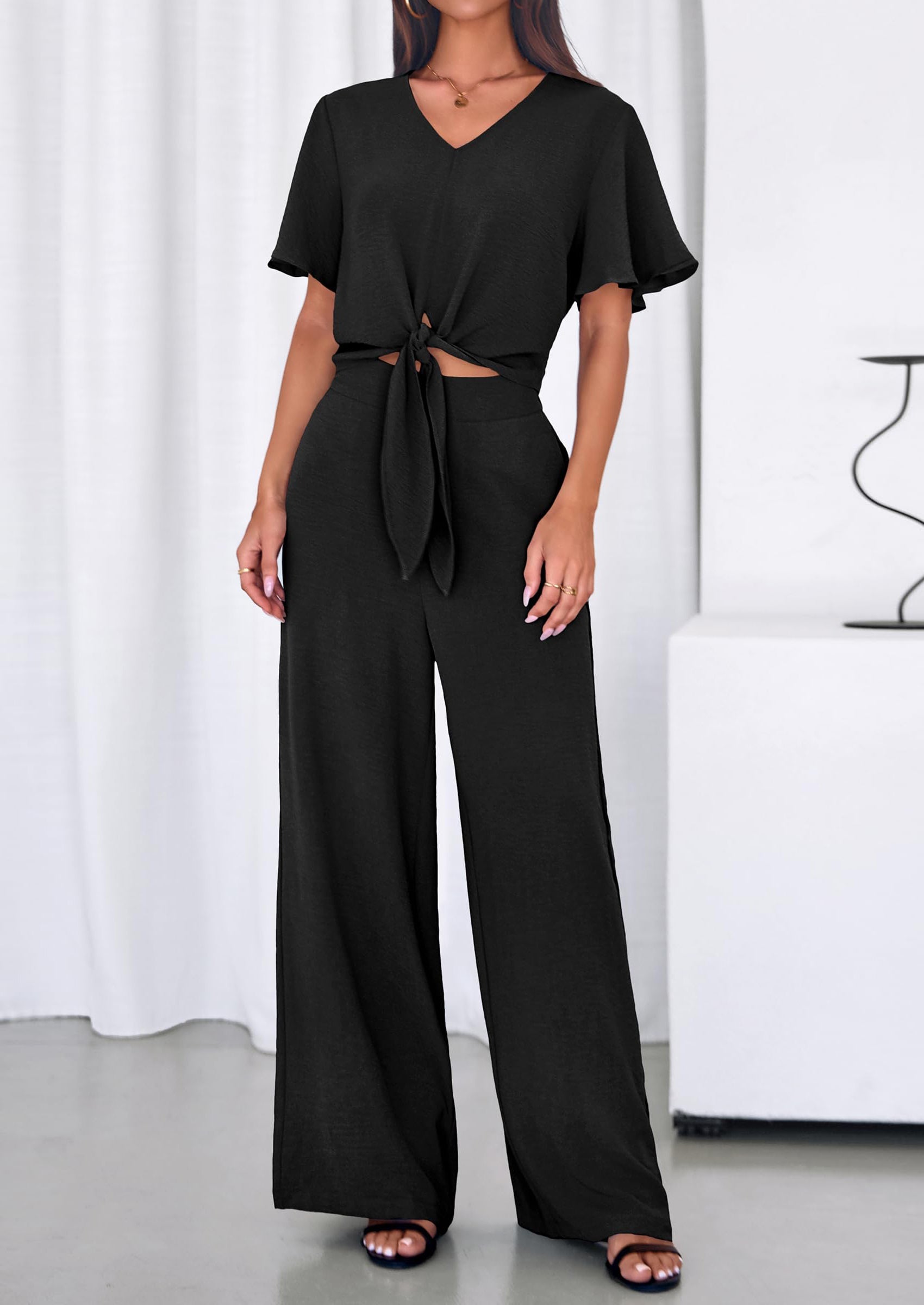 PRETTYGARDEN Women 2 Piece Summer Outfits Short Sleeve Strappy Top Wide Leg Pants Tracksuit Lounge Sets Beach Clothes