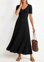 PRETTYGARDEN Women's Spring Midi Sweater Dresses Elegant Pleated Ribbed Knit Short Sleeve V Neck A Line Summer Outfits