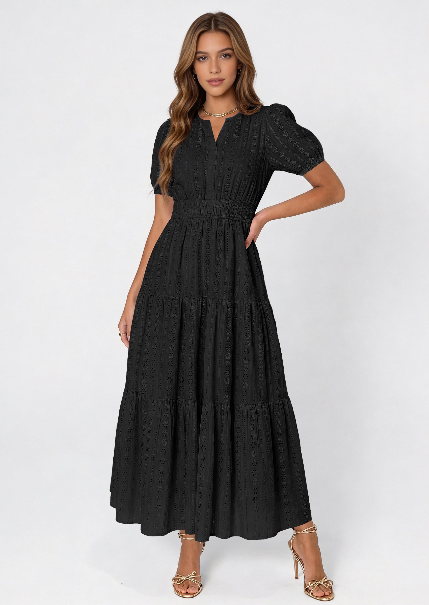 PRETTYGARDEN Womens Summer Maxi Dresses Casual Puff Sleeve V Neck Smocked Flowy Eyelet Cotton Dress Spring Sundress