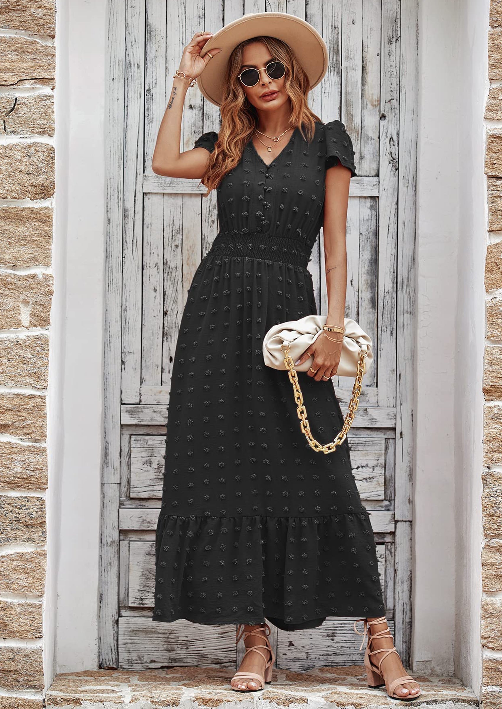 PRETTYGARDEN Womens Dresses Summer Maxi Dress Boho Short Sleeve V Neck Swiss Dot Ruffle Tiered Smocked Flowy Long Dress