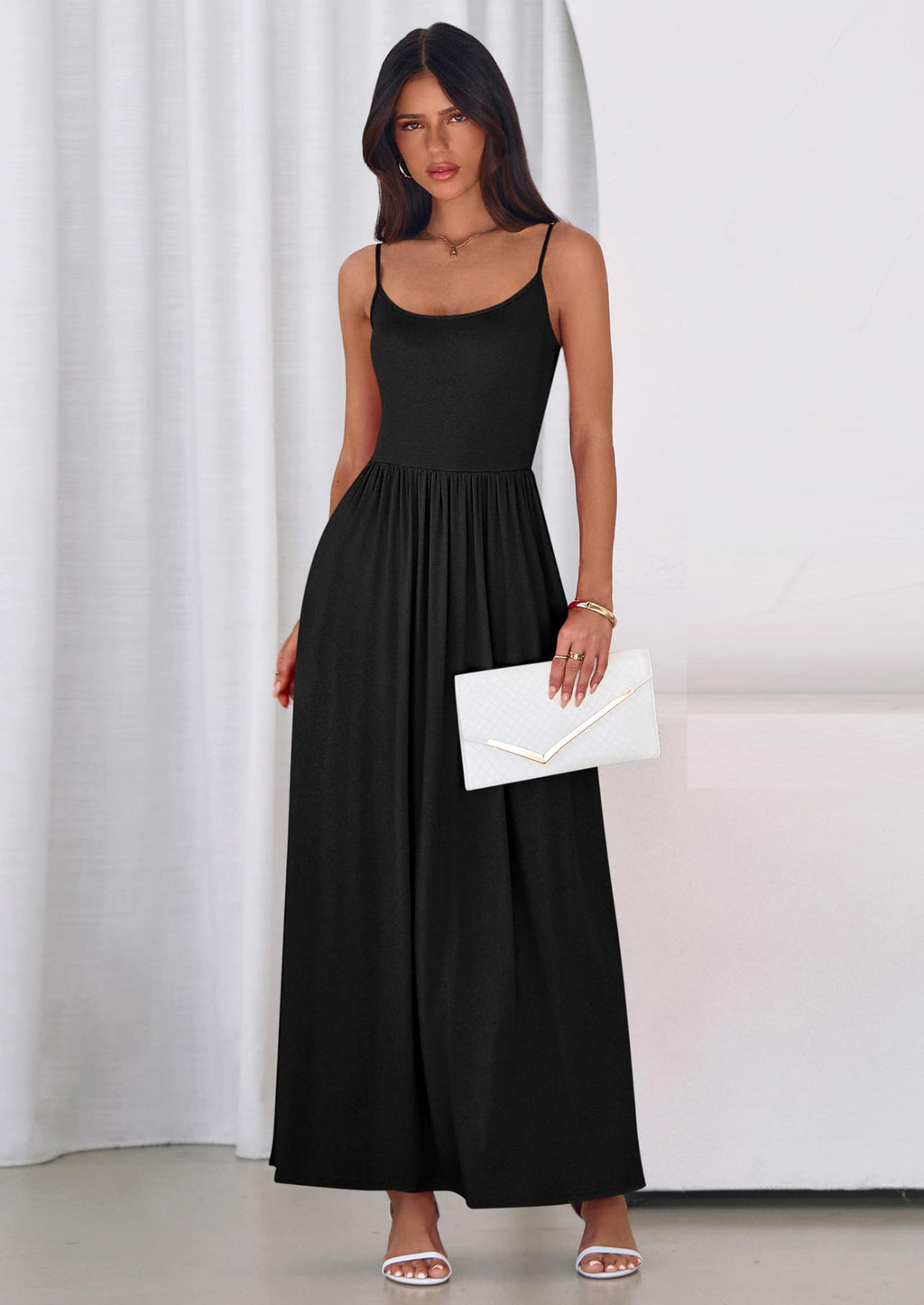 PRETTYGARDEN Womens Spaghetti Strap Maxi Dresses Sleeveless Summer Dress Long Casual Knit Flowy Beach Sundresses with Pockets