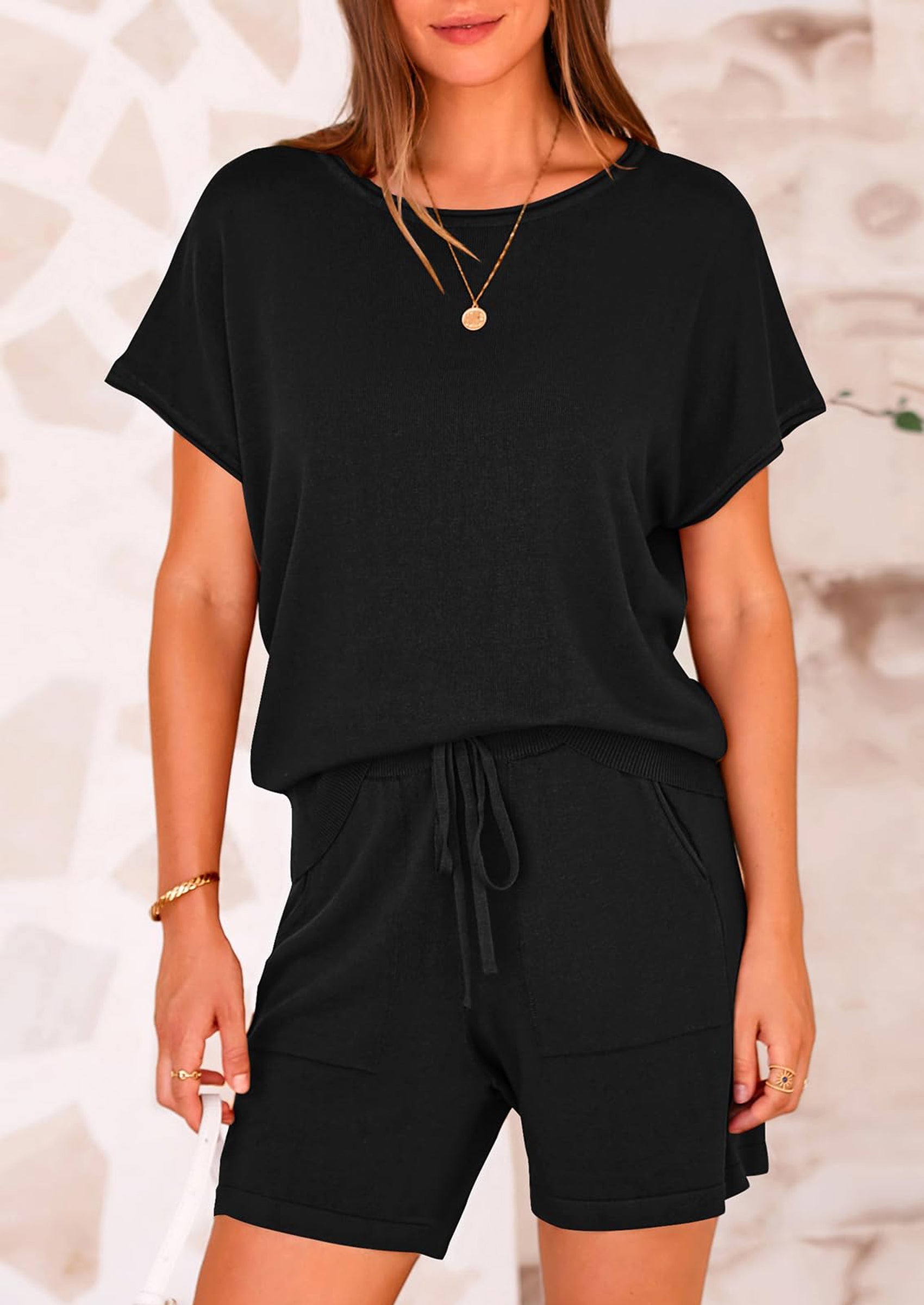 PRETTYGARDEN Two Piece Set for Women Summer Lounge Sets Shorts And Short Sleeve Tops Knitted Matching Travel Spring Outfits