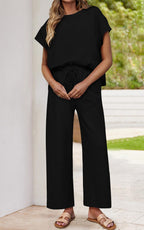 PRETTYGARDEN 2 Piece Outfits For Women Casual Tracksuit Short Sleeve Tops And Wide Leg Long Pants Matching Lounge Sets