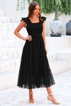 PRETTYGARDEN Women's Tulle Midi Dress Sleeveless Smocked Ruffle Mesh Flowy Dresses Party Wedding Guest Sundress