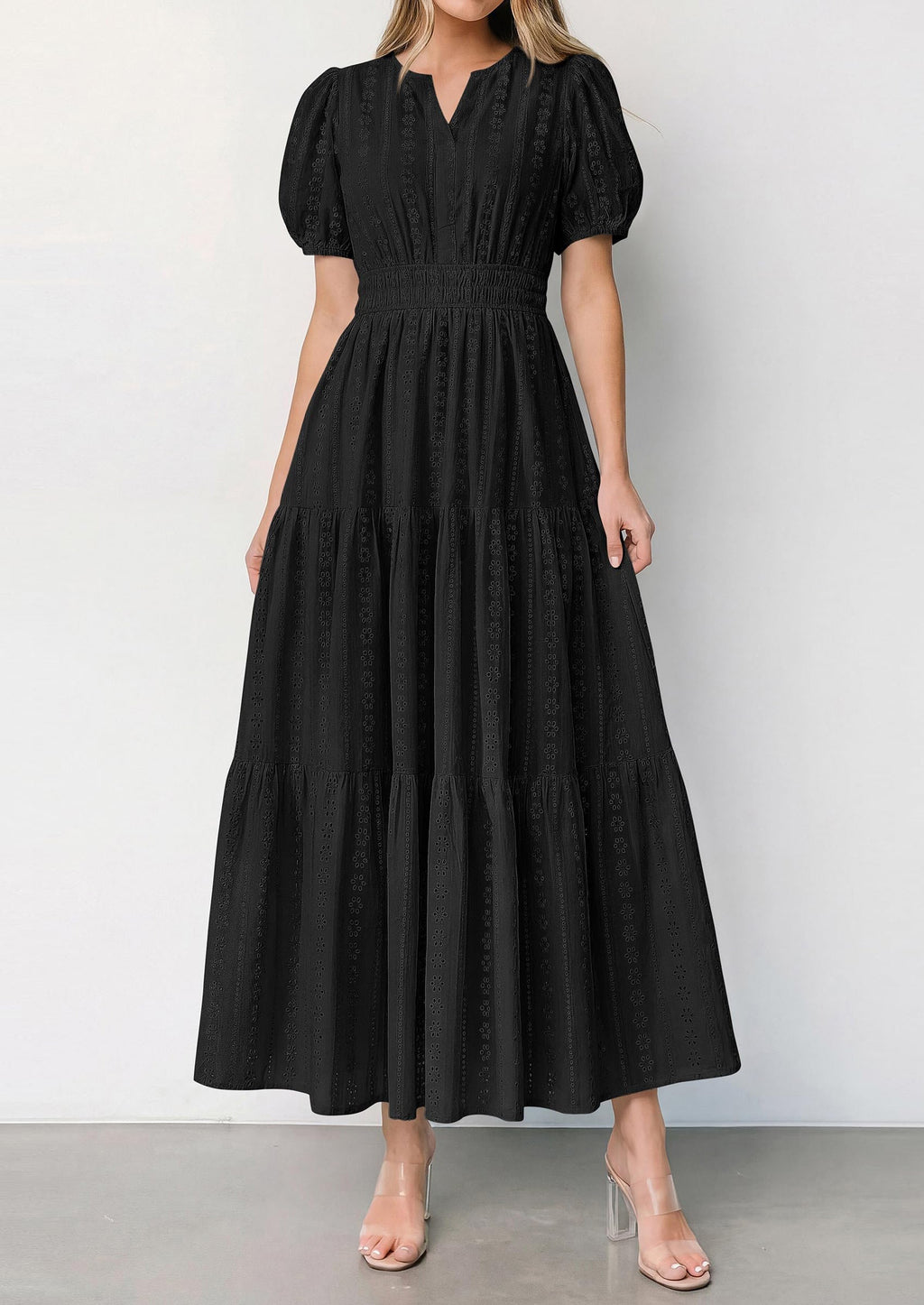 PRETTYGARDEN Womens Summer Maxi Dresses Casual Puff Sleeve V Neck Smocked Flowy Eyelet Cotton Dress Spring Sundress