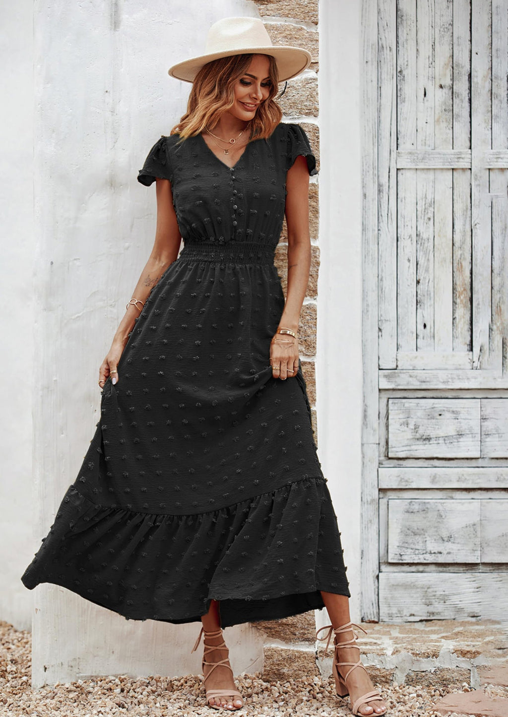PRETTYGARDEN Womens Dresses Summer Maxi Dress Boho Short Sleeve V Neck Swiss Dot Ruffle Tiered Smocked Flowy Long Dress