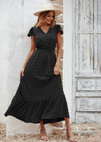 PRETTYGARDEN Womens Dresses Summer Maxi Dress Boho Short Sleeve V Neck Swiss Dot Ruffle Tiered Smocked Flowy Long Dress