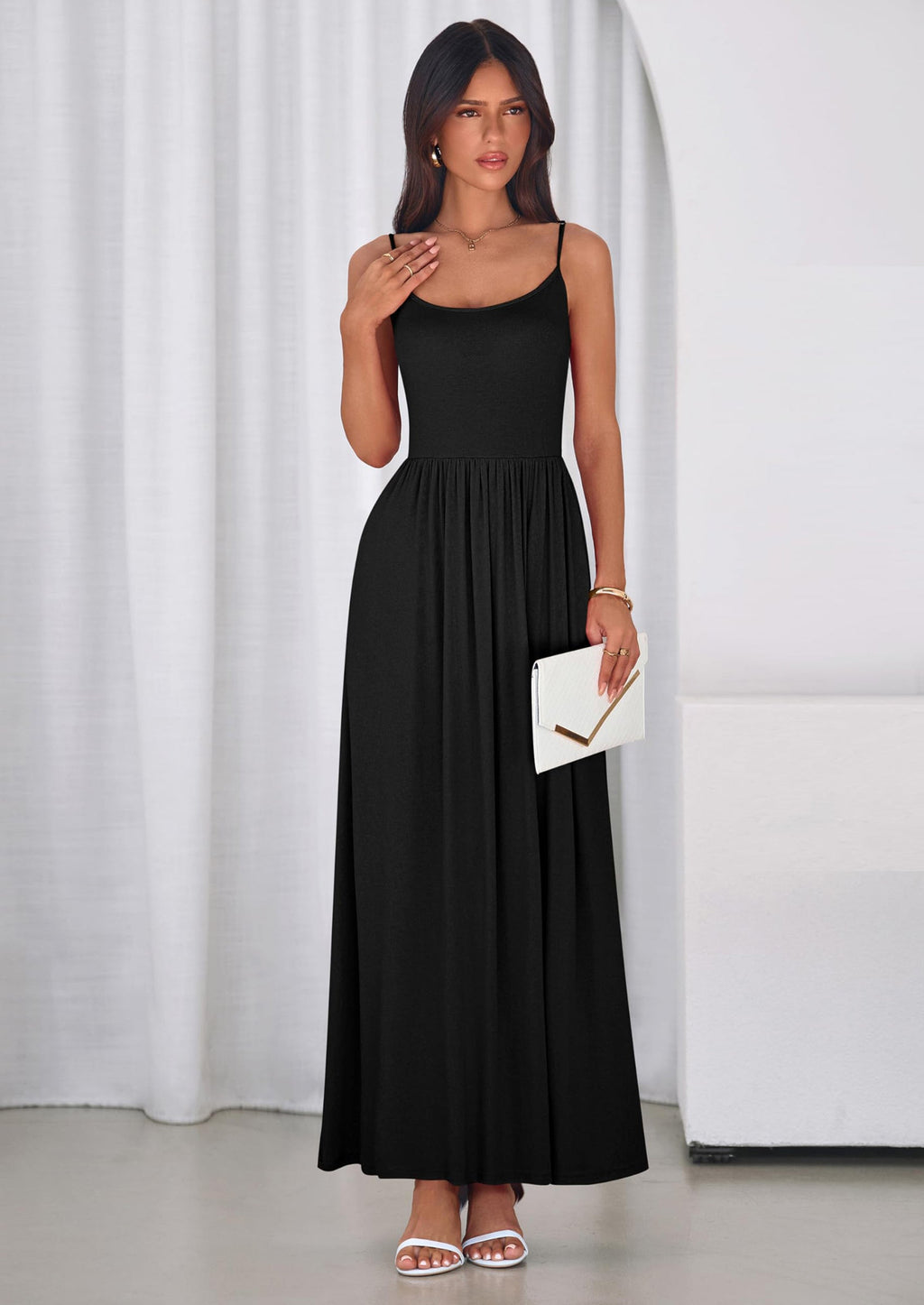PRETTYGARDEN Womens Spaghetti Strap Maxi Dresses Sleeveless Summer Dress Long Casual Knit Flowy Beach Sundresses with Pockets
