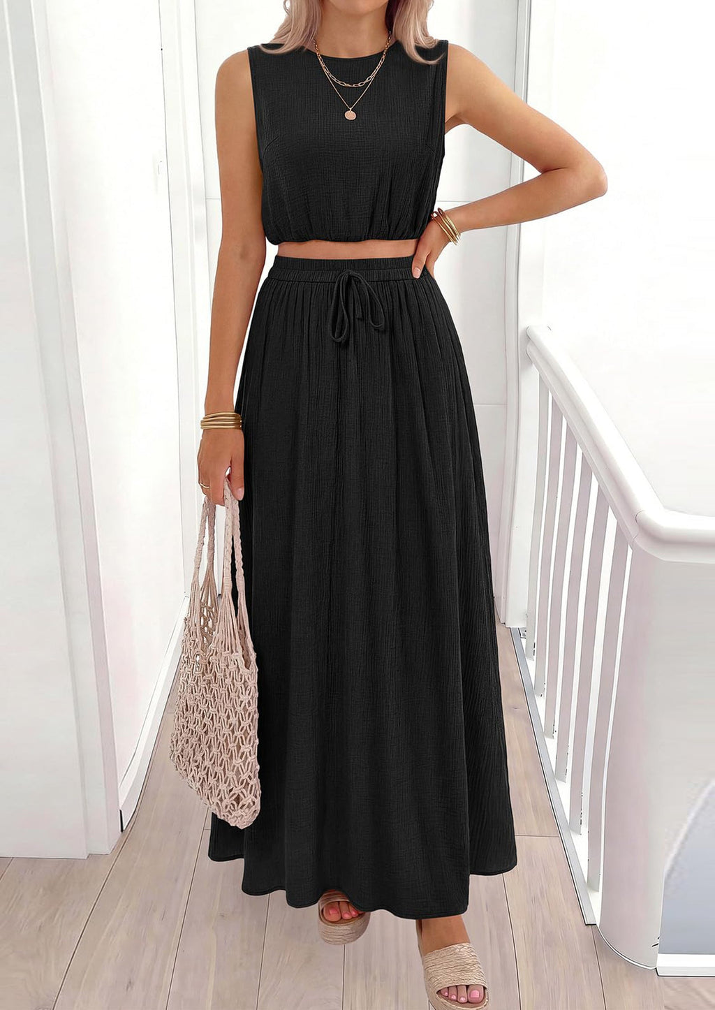 PRETTYGARDEN 2 Piece Sets for Women Summer Outfits Fashion Cotton Sleeveless Crop Top Long Maxi Skirt Set with Pockets
