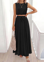 PRETTYGARDEN 2 Piece Sets for Women Summer Outfits Fashion Cotton Sleeveless Crop Top Long Maxi Skirt Set with Pockets