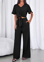 PRETTYGARDEN Women 2 Piece Summer Outfits Short Sleeve Strappy Top Wide Leg Pants Tracksuit Lounge Sets Beach Clothes