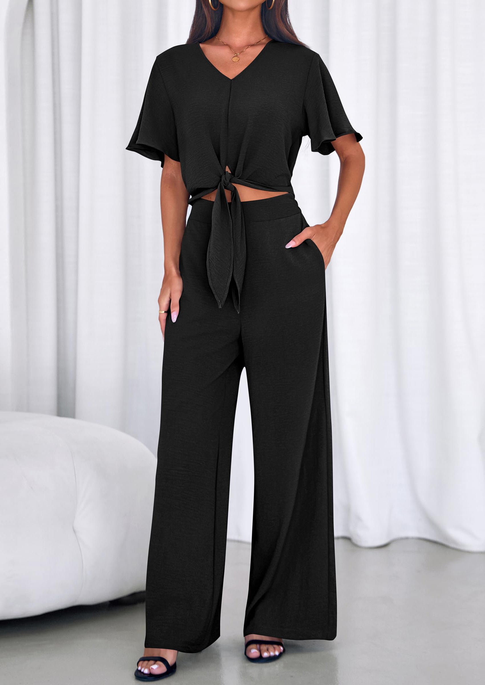 PRETTYGARDEN Women 2 Piece Summer Outfits Short Sleeve Strappy Top Wide Leg Pants Tracksuit Lounge Sets Beach Clothes