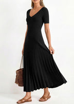 PRETTYGARDEN Women's Spring Midi Sweater Dresses Elegant Pleated Ribbed Knit Short Sleeve V Neck A Line Summer Outfits