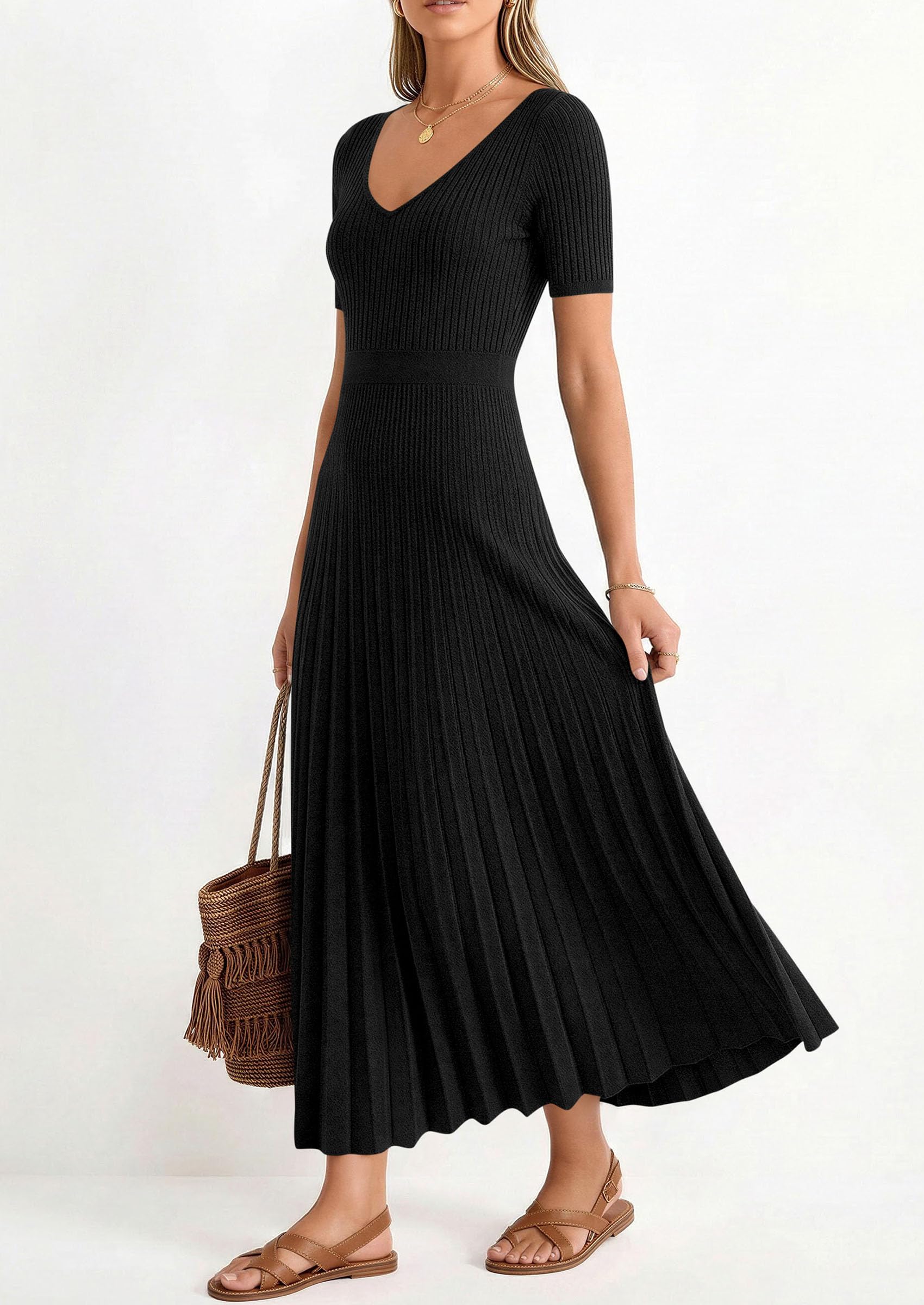 PRETTYGARDEN Women's Spring Midi Sweater Dresses Elegant Pleated Ribbed Knit Short Sleeve V Neck A Line Summer Outfits