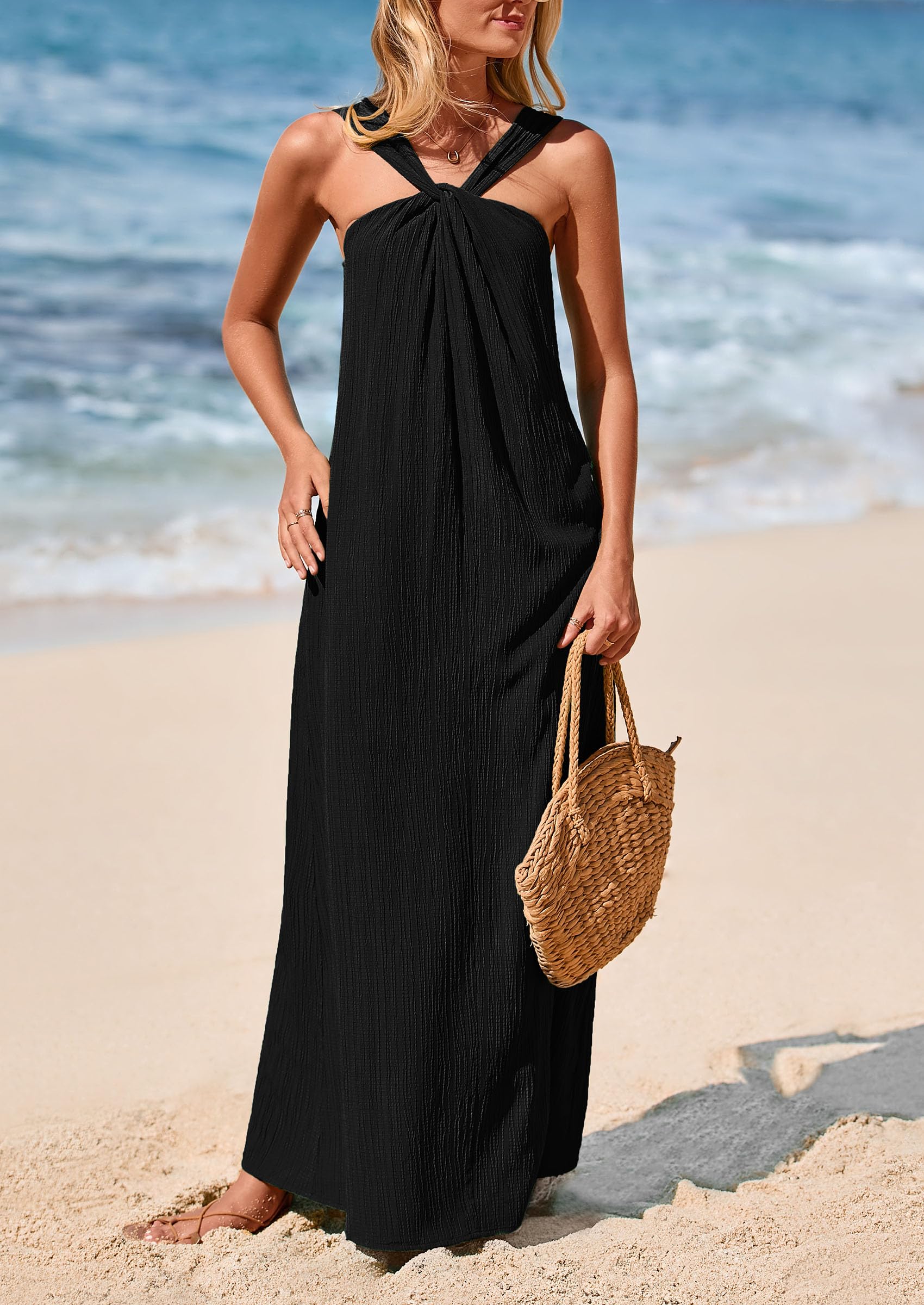 PRETTYGARDEN Womens Casual Long Summer Dresses Sleeveless Strappy Loose Flowy Beach Vacation Maxi Dress with Pockets
