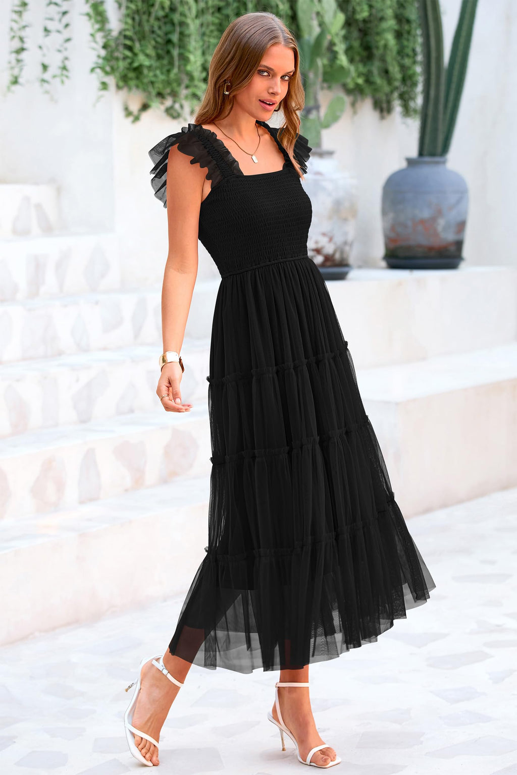 PRETTYGARDEN Women's Tulle Midi Dress Sleeveless Smocked Ruffle Mesh Flowy Dresses Party Wedding Guest Sundress