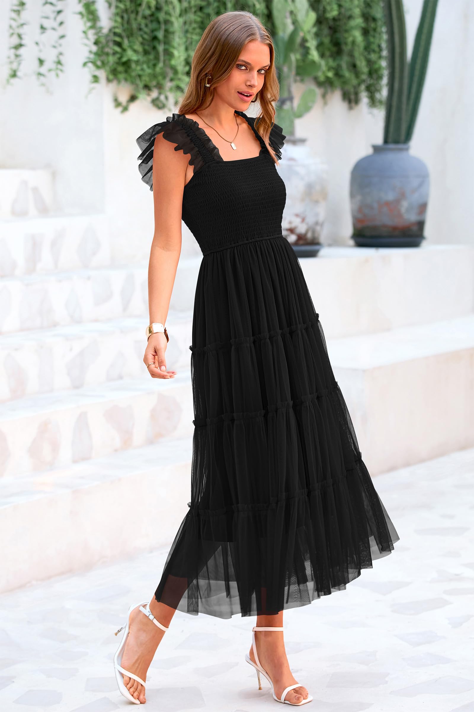 PRETTYGARDEN Women's Tulle Midi Dress Sleeveless Smocked Ruffle Mesh Flowy Dresses Party Wedding Guest Sundress