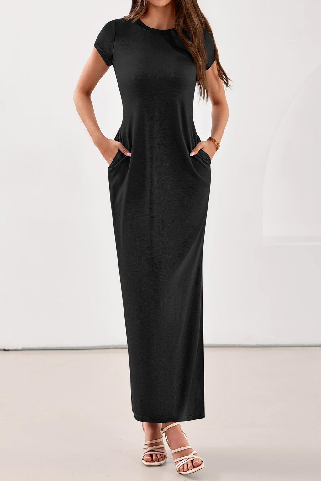 PRETTYGARDEN Womens Summer Maxi Dresses Casual Short Sleeve Crewneck Knit Slit T Shirt Dress Spring Long Beach Sundress
