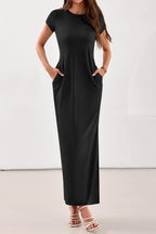PRETTYGARDEN Womens Summer Maxi Dresses Casual Short Sleeve Crewneck Knit Slit T Shirt Dress Spring Long Beach Sundress