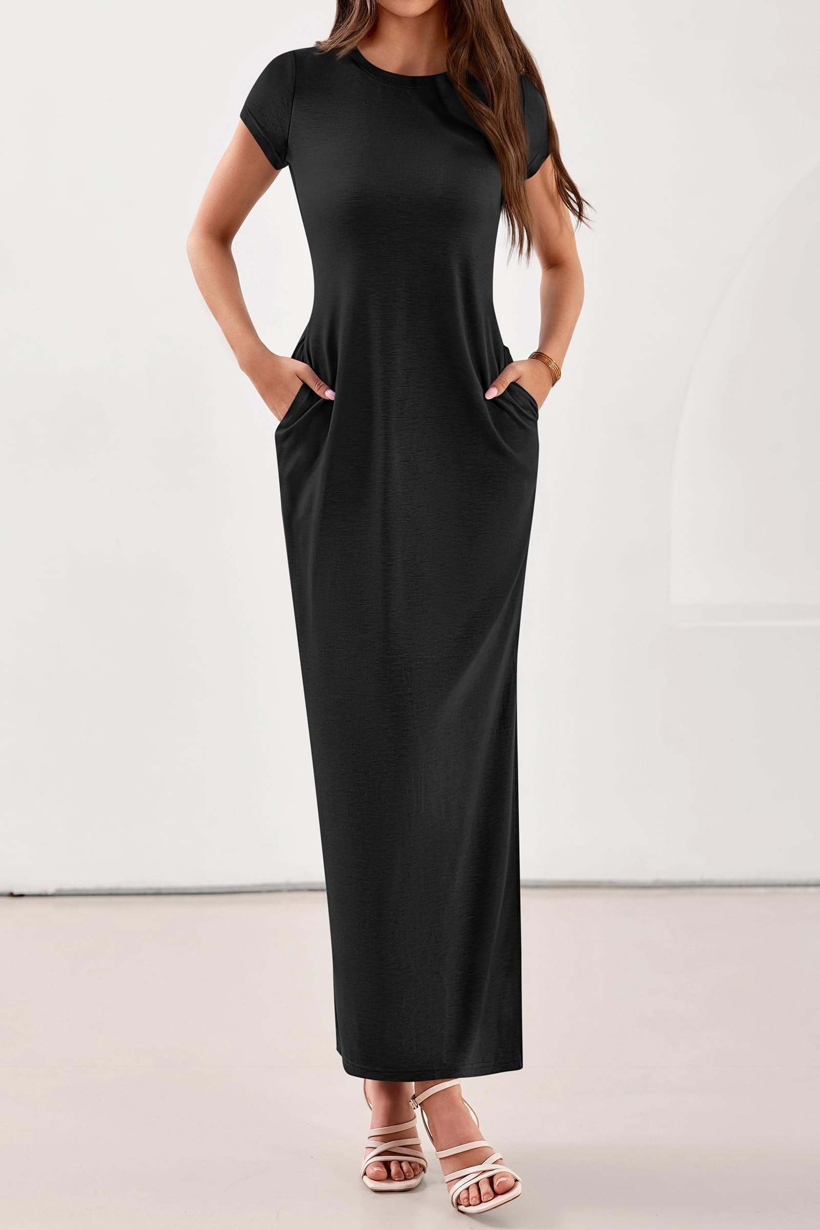 PRETTYGARDEN Womens Summer Maxi Dresses Casual Short Sleeve Crewneck Knit Slit T Shirt Dress Spring Long Beach Sundress