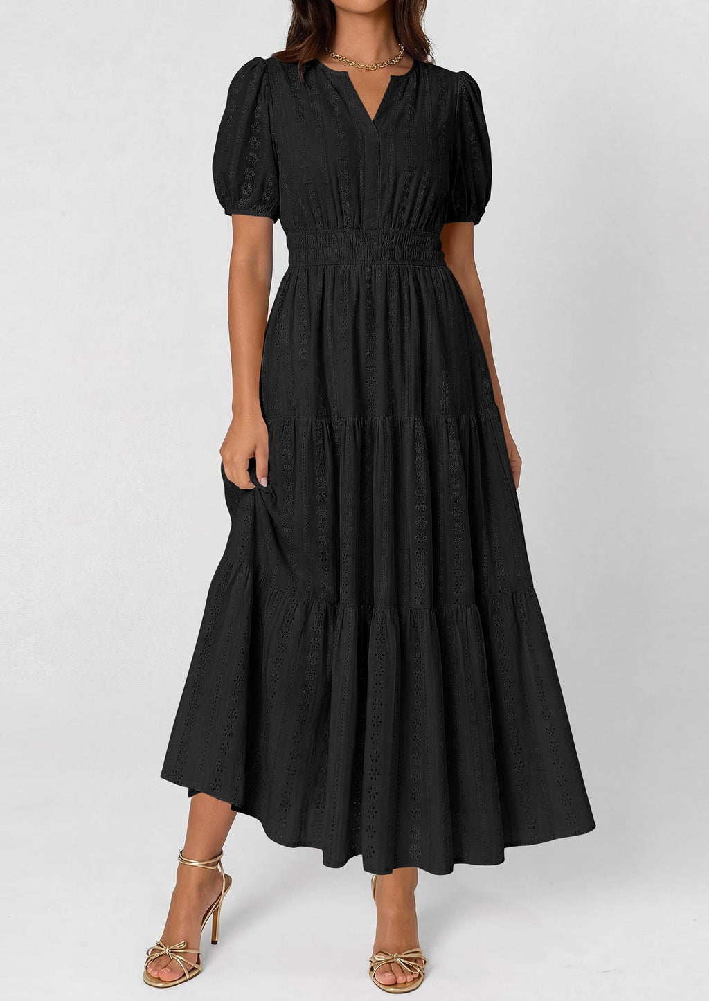 PRETTYGARDEN Womens Summer Maxi Dresses Casual Puff Sleeve V Neck Smocked Flowy Eyelet Cotton Dress Spring Sundress