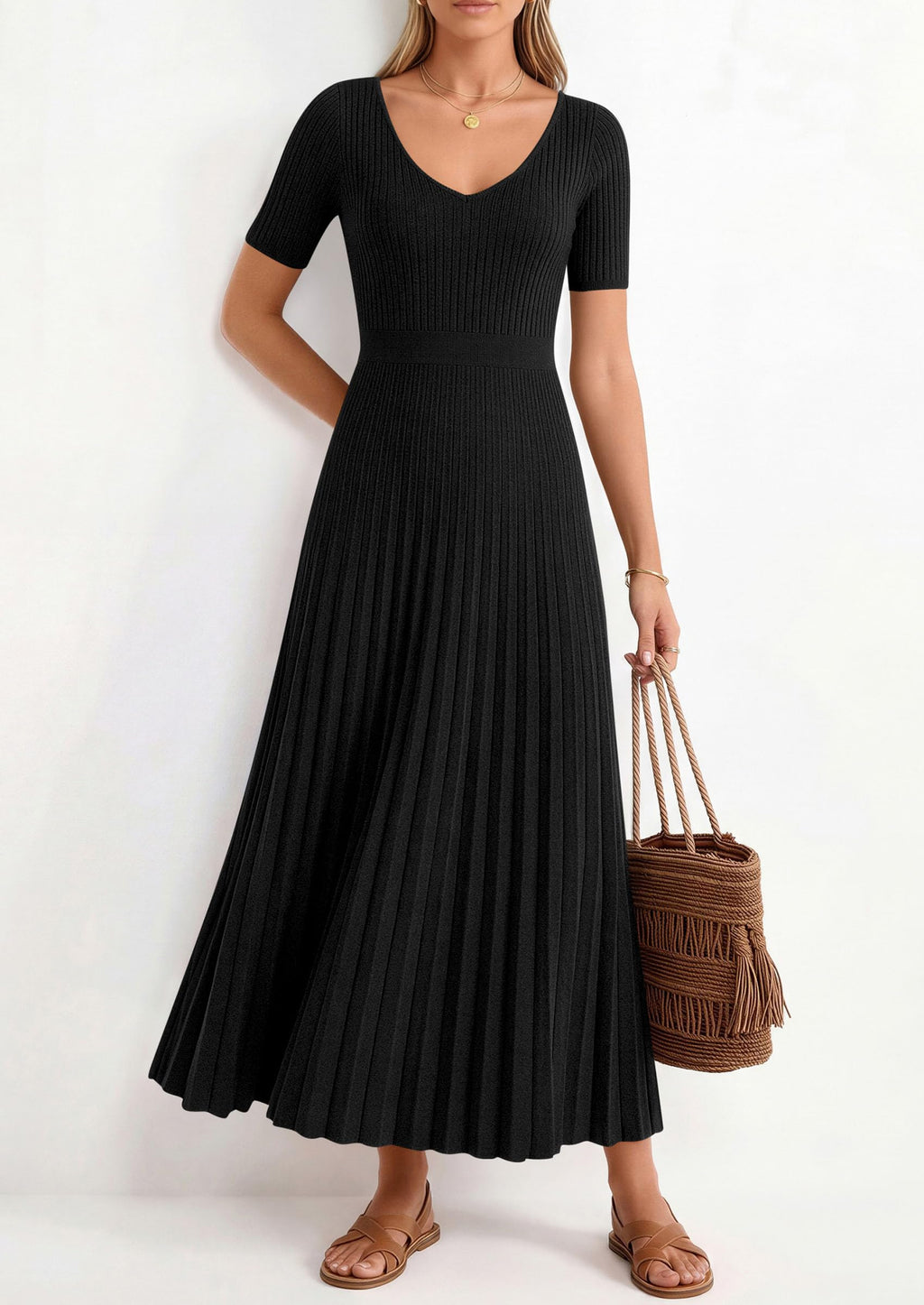 PRETTYGARDEN Women's Spring Midi Sweater Dresses Elegant Pleated Ribbed Knit Short Sleeve V Neck A Line Summer Outfits
