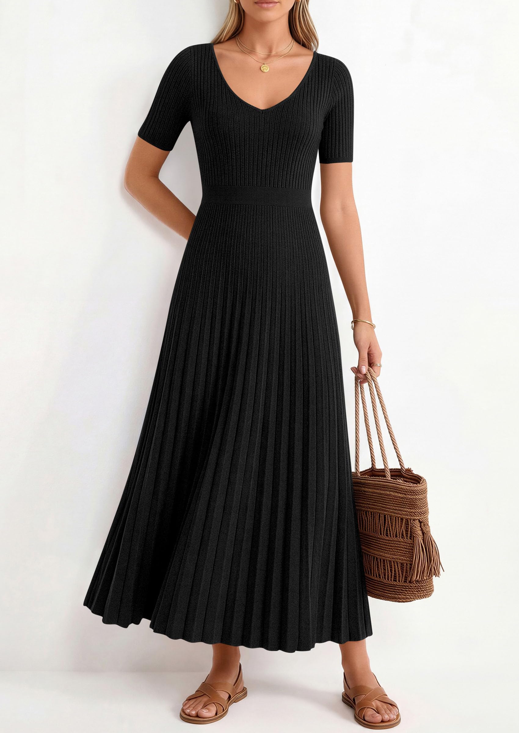 PRETTYGARDEN Women's Spring Midi Sweater Dresses Elegant Pleated Ribbed Knit Short Sleeve V Neck A Line Summer Outfits