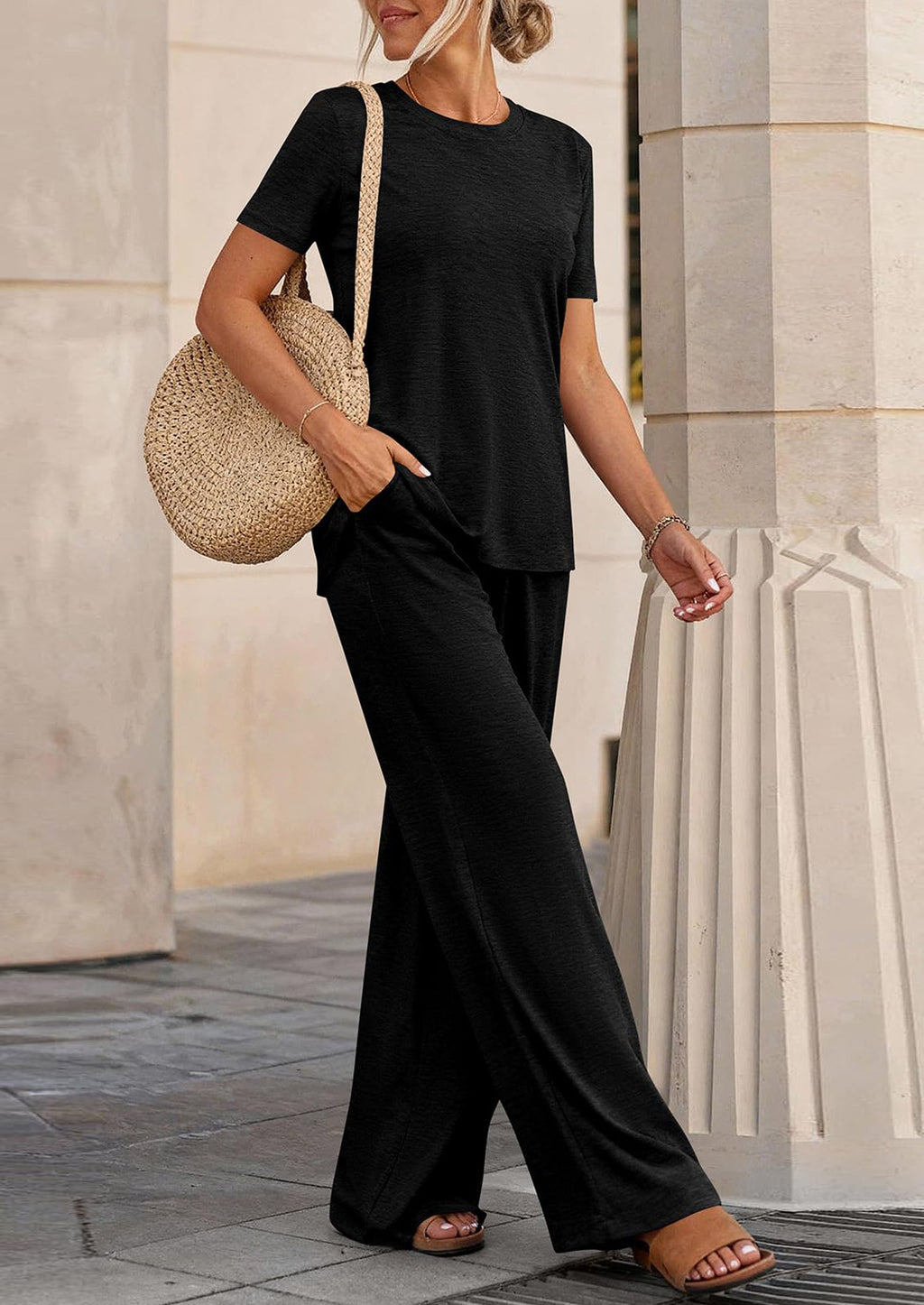PRETTYGARDEN Summer Lounge Sets for Women 2 Piece Short Sleeve Crewneck Cute Tops and Wide Leg Pants with Pockets Pj Set