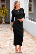 PRETTYGARDEN Women's Spring Fall 2 Piece Sweater Set Rib Knit Long Sleeve Crop Top Maxi Bodycon Skirt Casual Winter Outfits