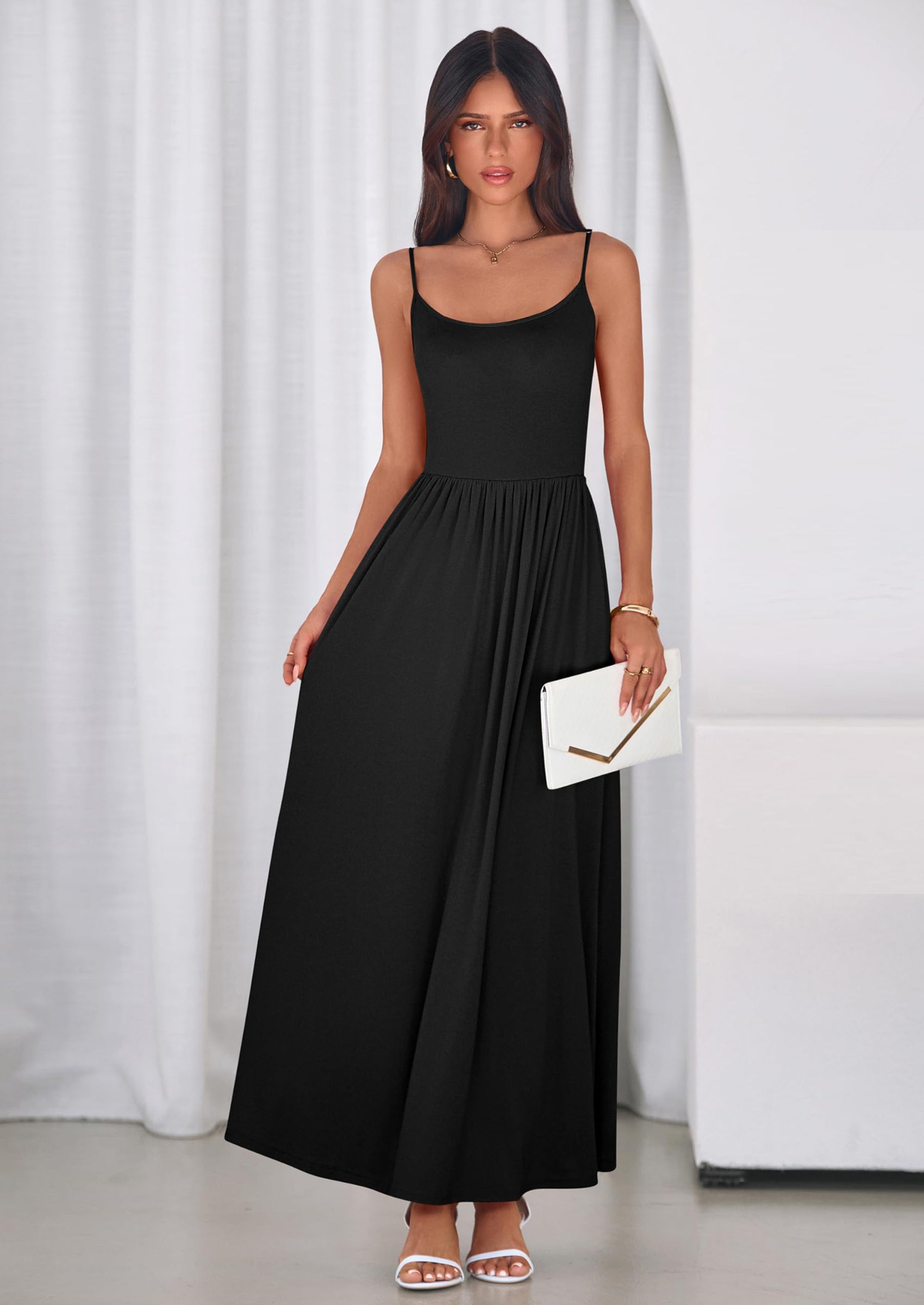 PRETTYGARDEN Womens Spaghetti Strap Maxi Dresses Sleeveless Summer Dress Long Casual Knit Flowy Beach Sundresses with Pockets