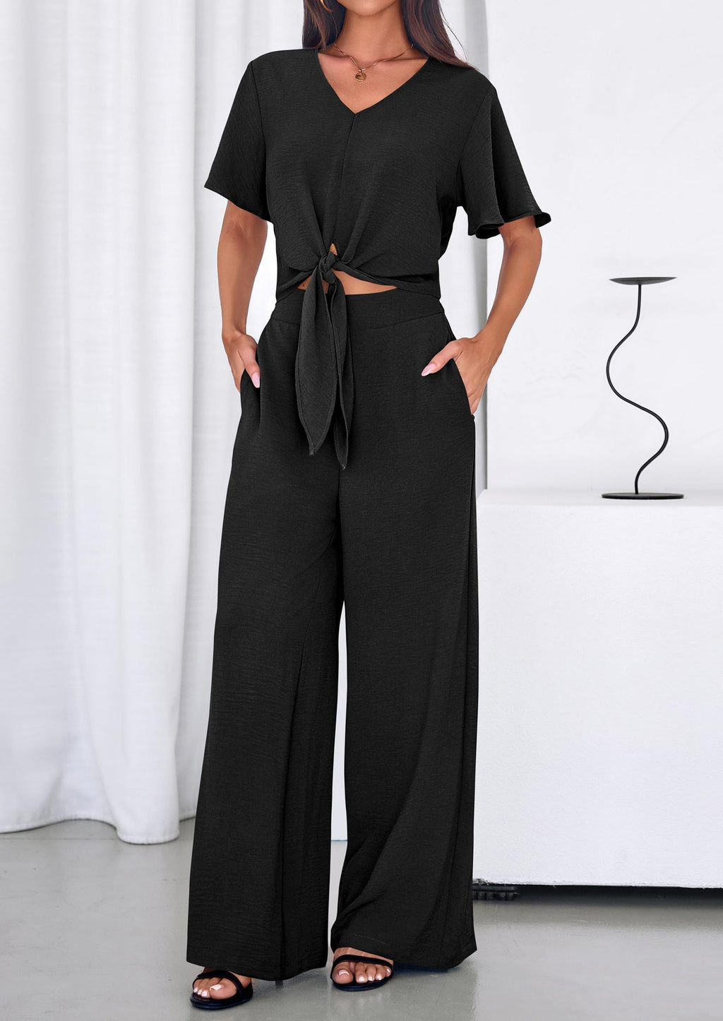 PRETTYGARDEN Women 2 Piece Summer Outfits Short Sleeve Strappy Top Wide Leg Pants Tracksuit Lounge Sets Beach Clothes
