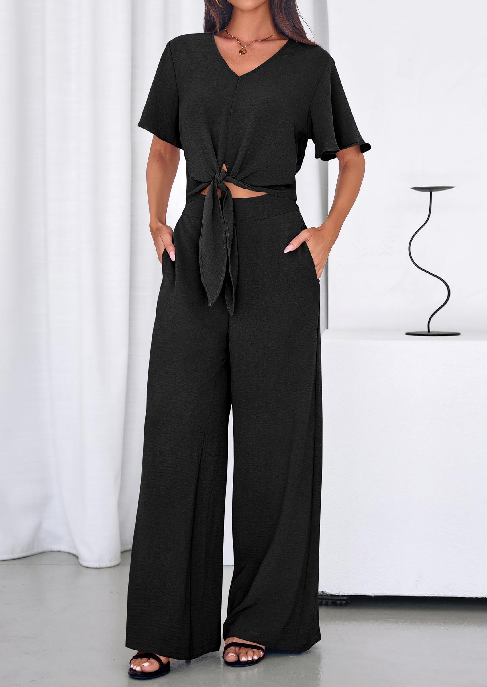 PRETTYGARDEN Women 2 Piece Summer Outfits Short Sleeve Strappy Top Wide Leg Pants Tracksuit Lounge Sets Beach Clothes
