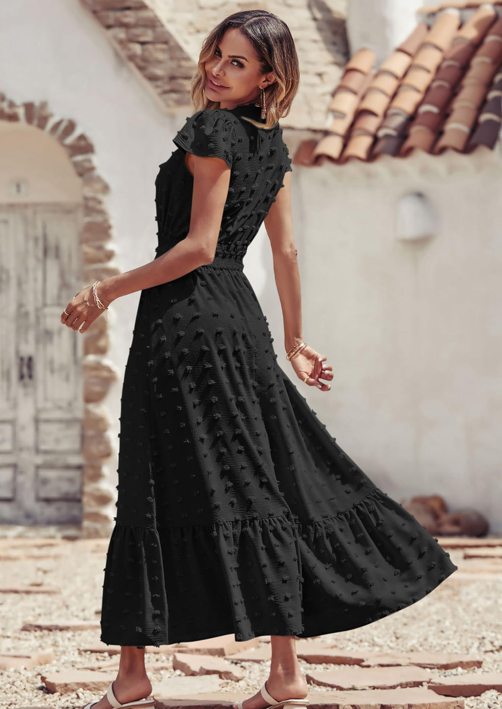 PRETTYGARDEN Womens Dresses Summer Maxi Dress Boho Short Sleeve V Neck Swiss Dot Ruffle Tiered Smocked Flowy Long Dress
