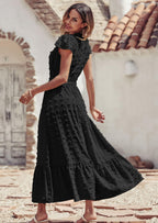 PRETTYGARDEN Womens Dresses Summer Maxi Dress Boho Short Sleeve V Neck Swiss Dot Ruffle Tiered Smocked Flowy Long Dress
