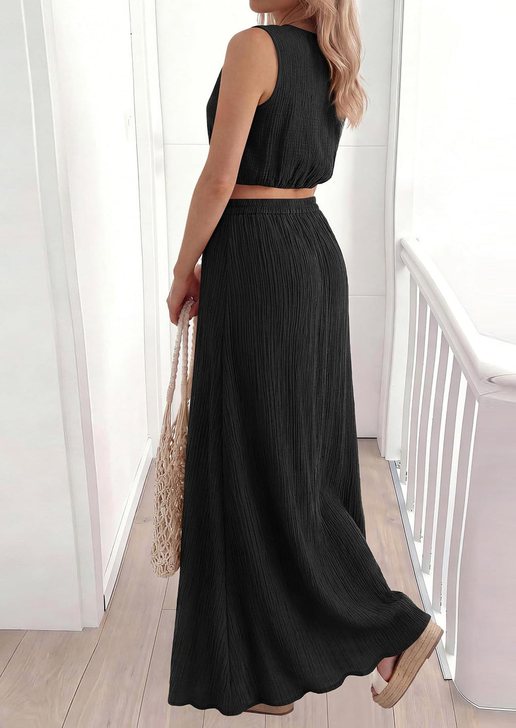 PRETTYGARDEN 2 Piece Sets for Women Summer Outfits Fashion Cotton Sleeveless Crop Top Long Maxi Skirt Set with Pockets